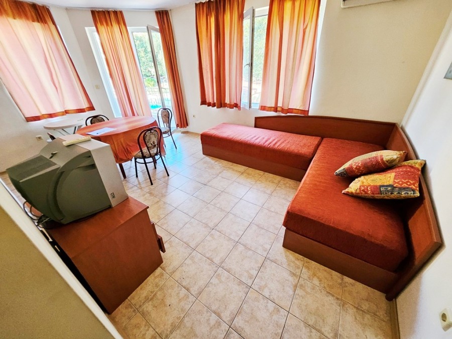 Bright living room with pool view in Prestige City, 55 sq.m.