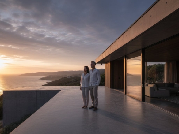 Luxury modern house overlooking the ocean at sunset with a couple enjoying the view.
