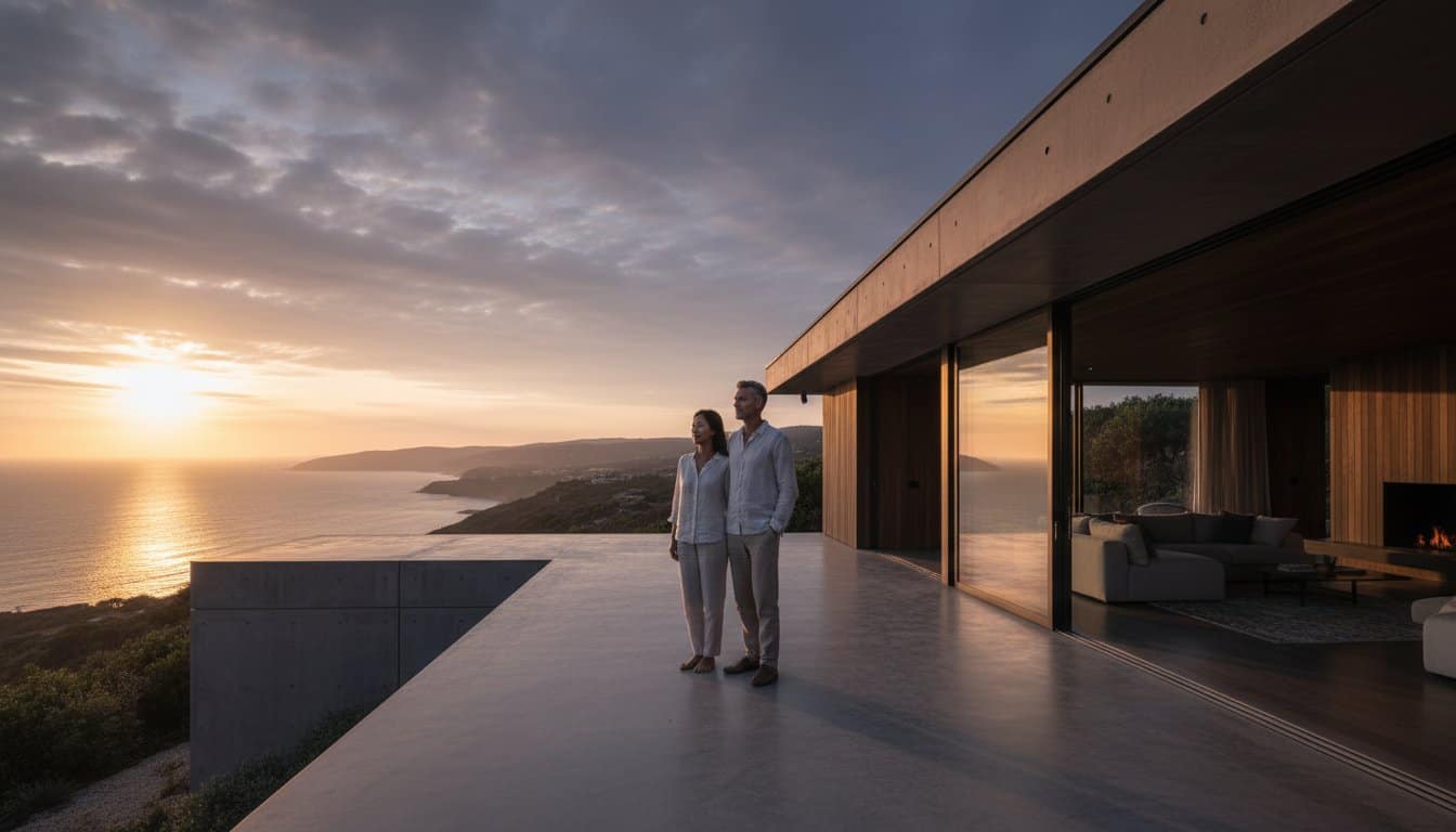Luxury modern house overlooking the ocean at sunset with a couple enjoying the view.