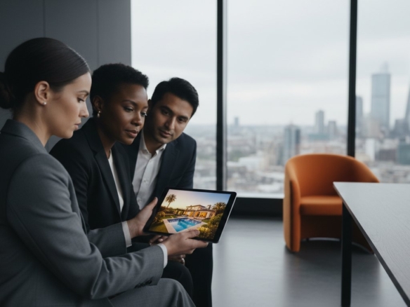 Modern business team discussing property options in a high-rise office with city skyline view.