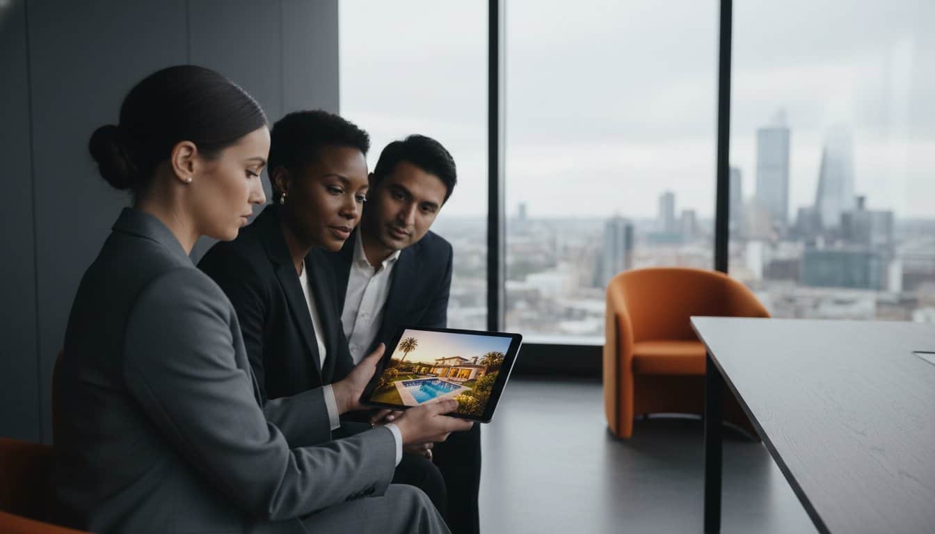 Modern business team discussing property options in a high-rise office with city skyline view.