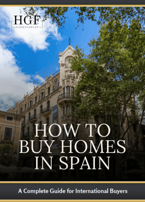 Iconic Spanish building with ornate architecture and lush trees, promoting international property bu.